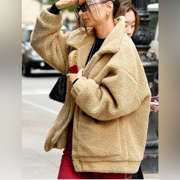I AM GIA Sz XS Oversized Sherpa Teddy Tan Colourway Patch Pockets Jacket Coat - Picture 2 of 12